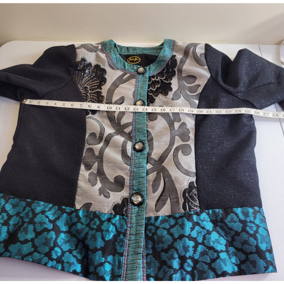 Julia Ku Blazer Bohemian Women's Jacket Blue Black Gray Floral Metallic Size 2X - Picture 2 of 13